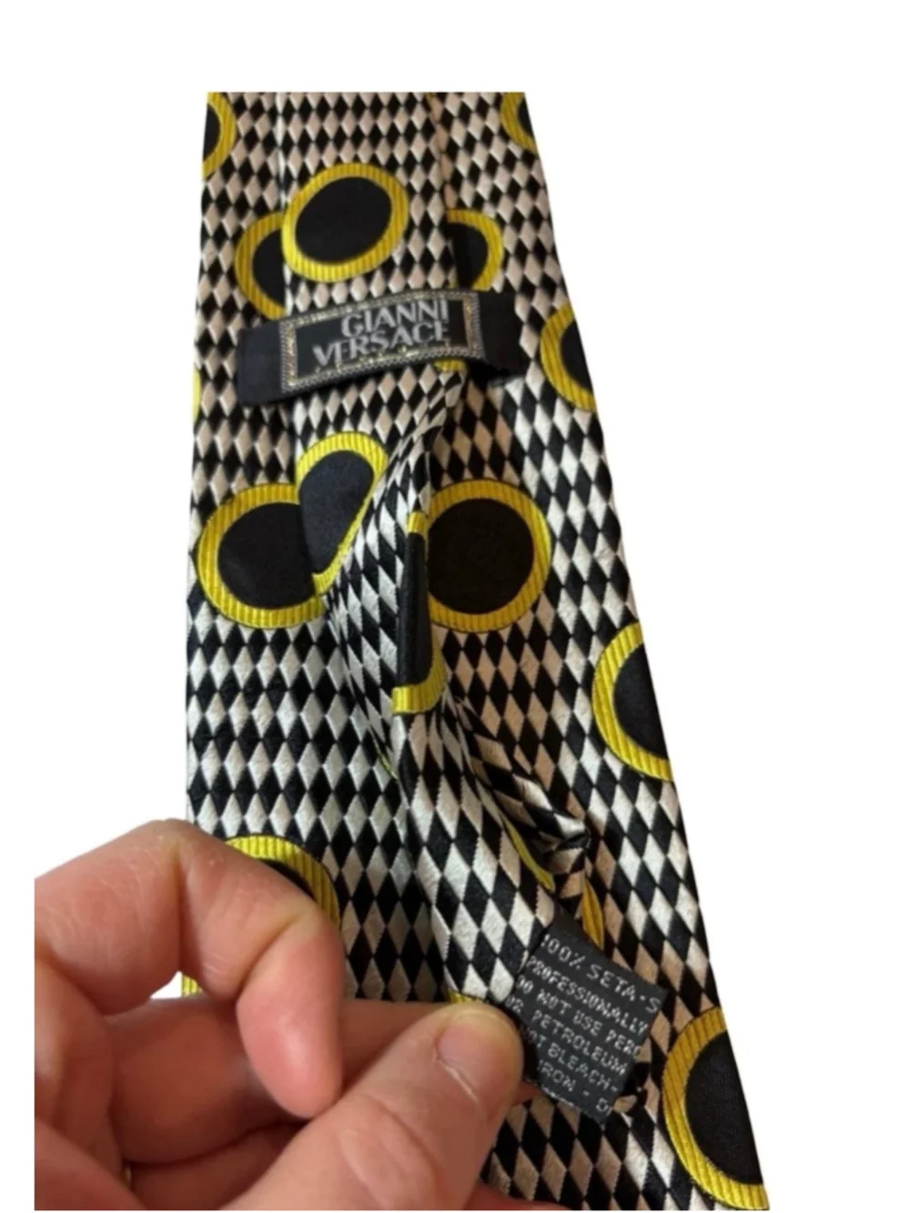 Gianni Versace Geometric Circle Silk Tie Black Gold Harlequin Italy 90s